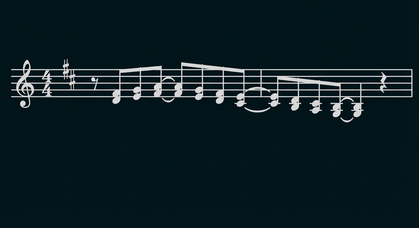 Noten im Violinschlüssel (4/4, zwei Kreuze), Reihe von Achtel- und Viertelnoten.